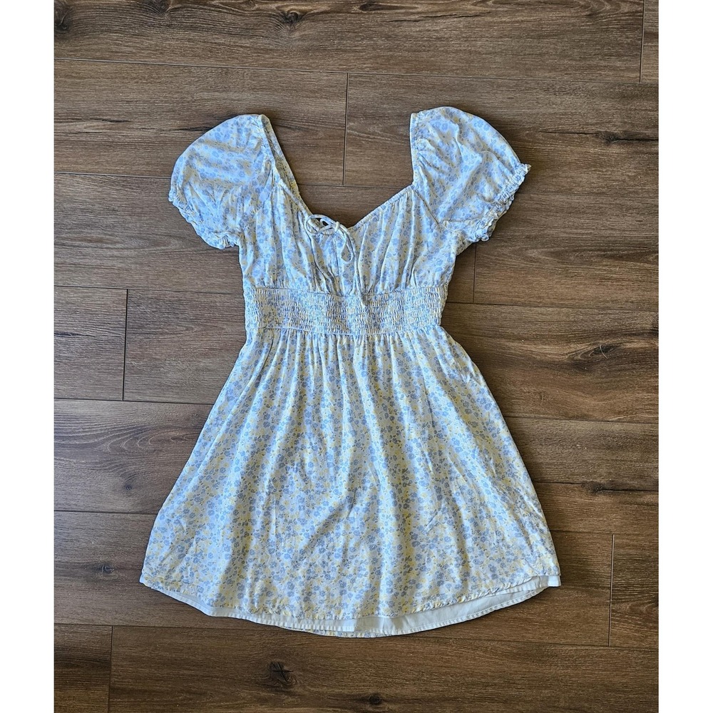 Hollister Dress Womens Large Light Blue Yellow Ditsy Floral Milkmaid Lined Mini - Picture 15 of 15